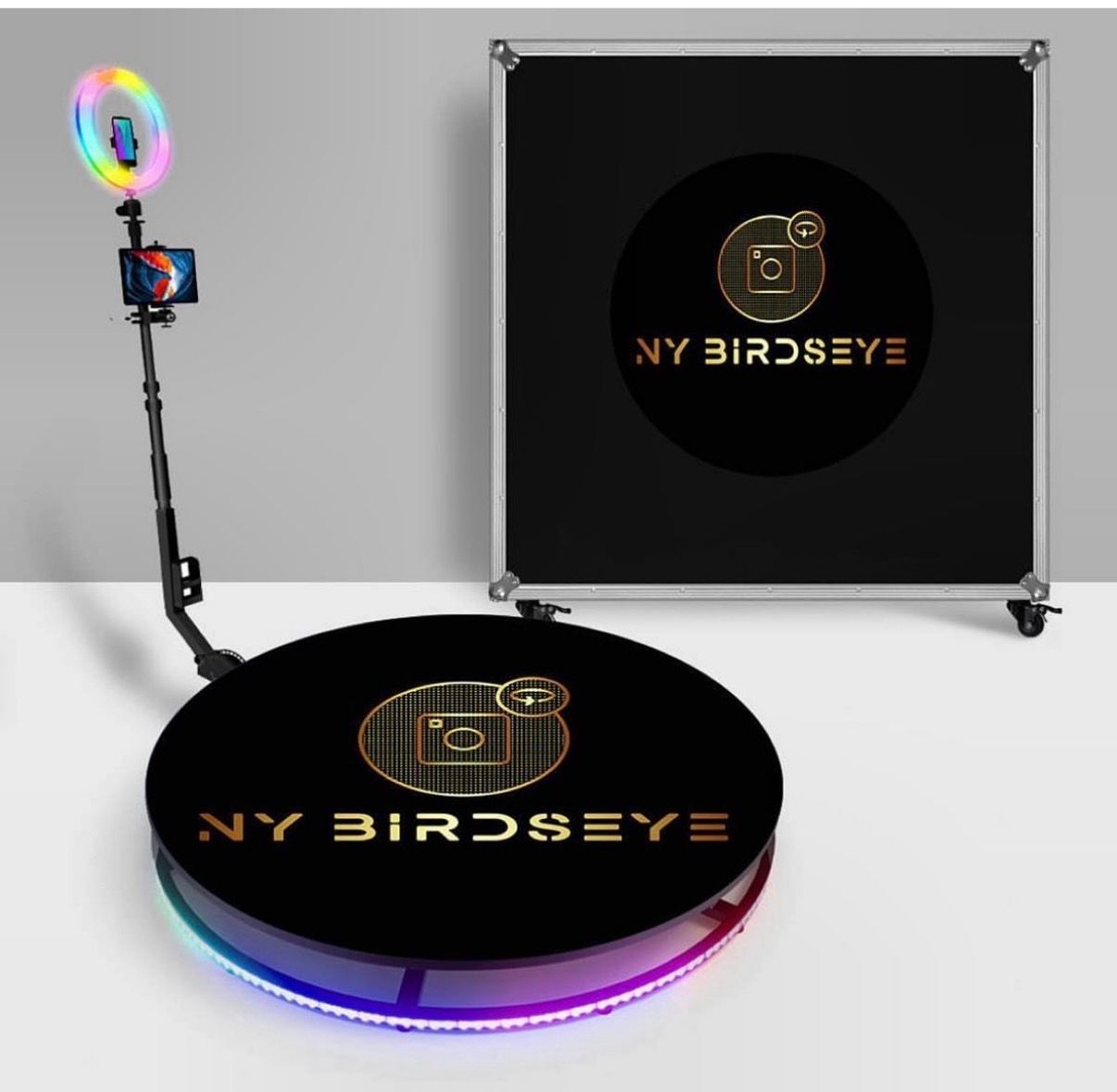 The NY Birdseye 360 platform with ring light arm and branded backdrop